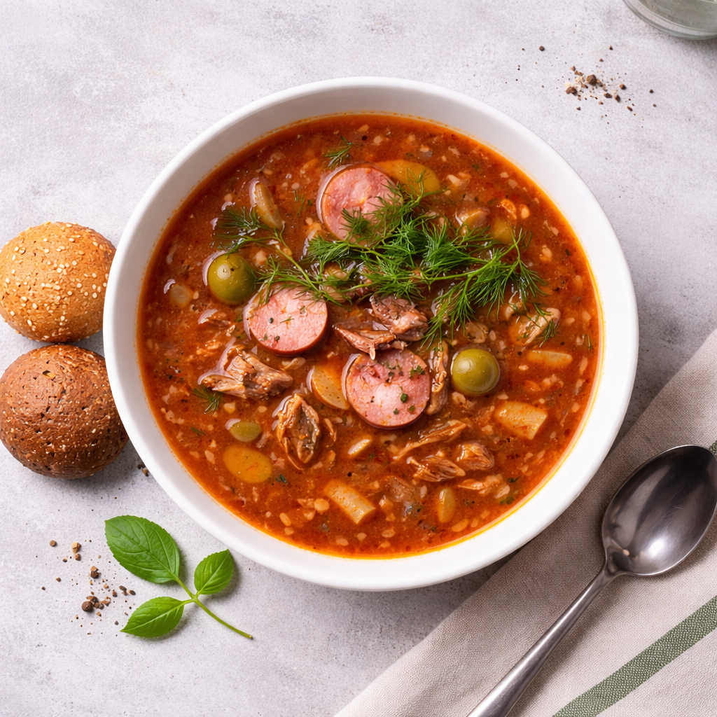 Солянка мясная с охотничьими колбасками