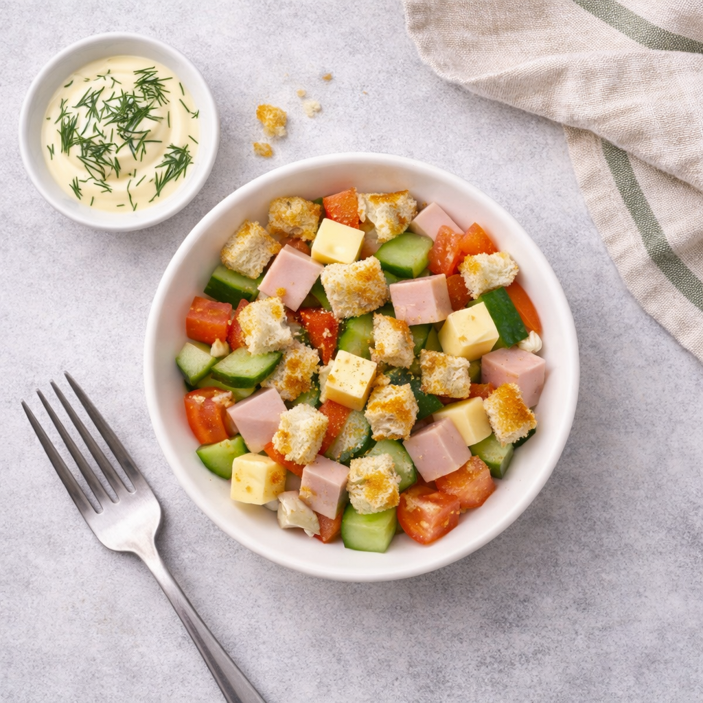 Салат с ветчиной, сыром и крутонами