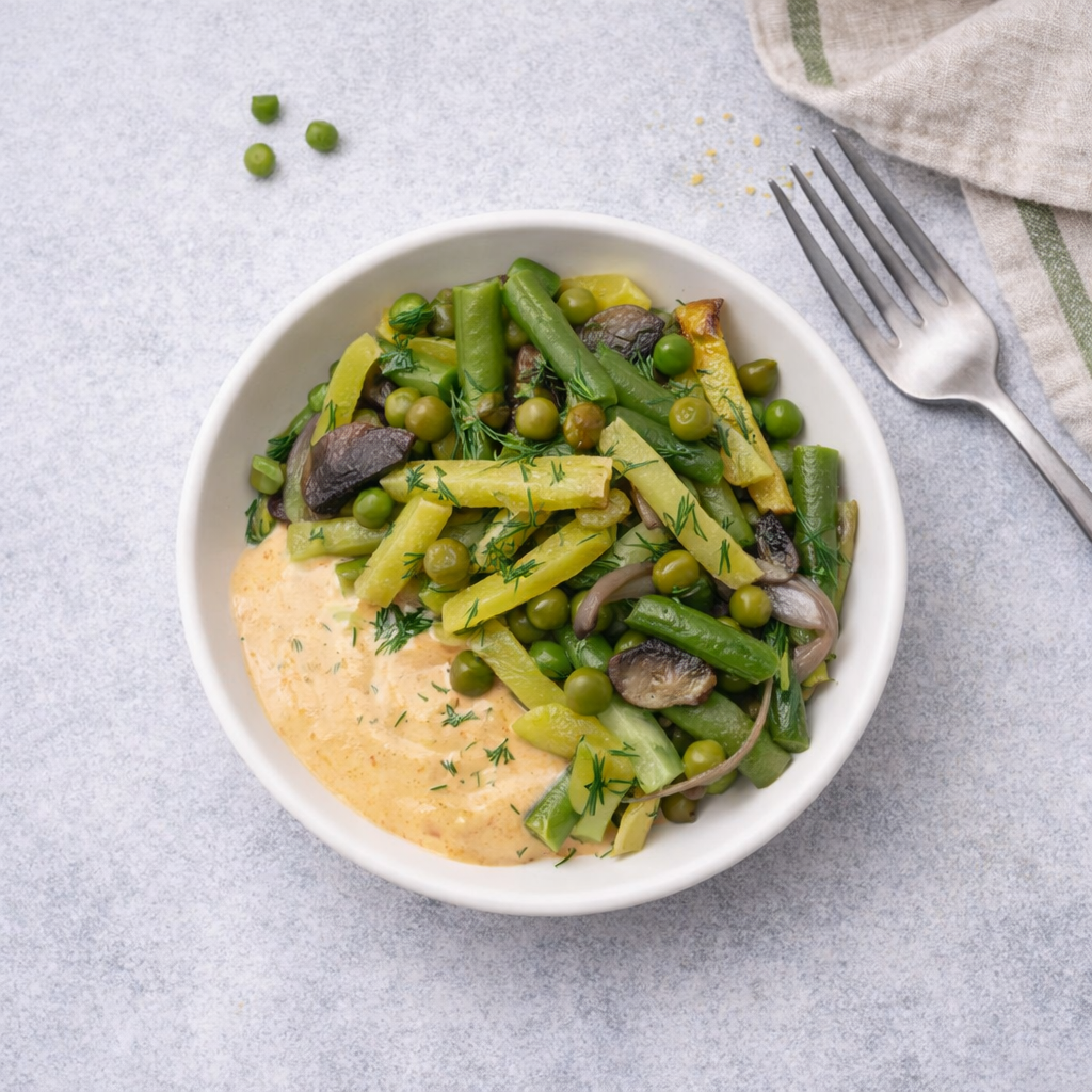 Зелёный салат со стручковой фасолью, шампиньонами и спайси соусом