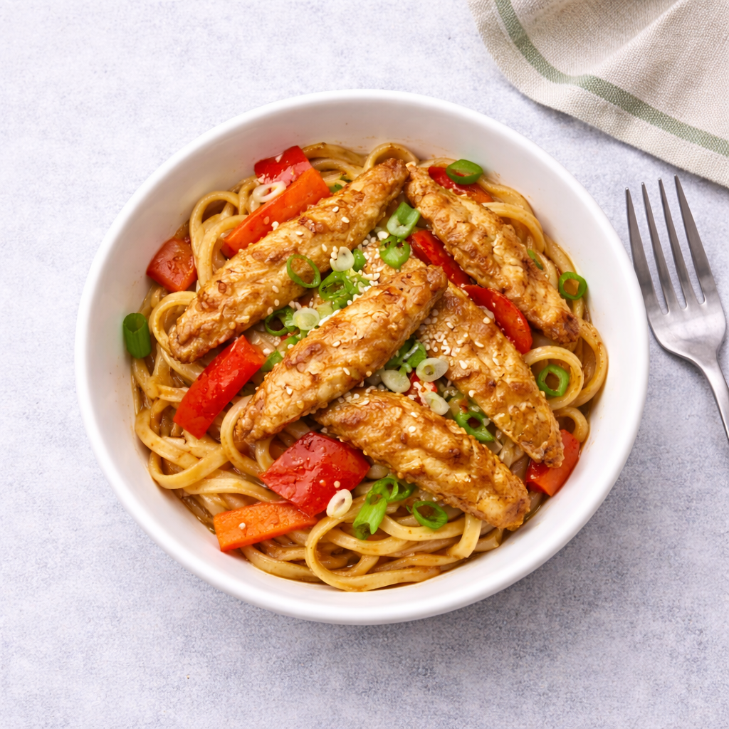 Жареный цыплёнок с овощами и пшеничной лапшой