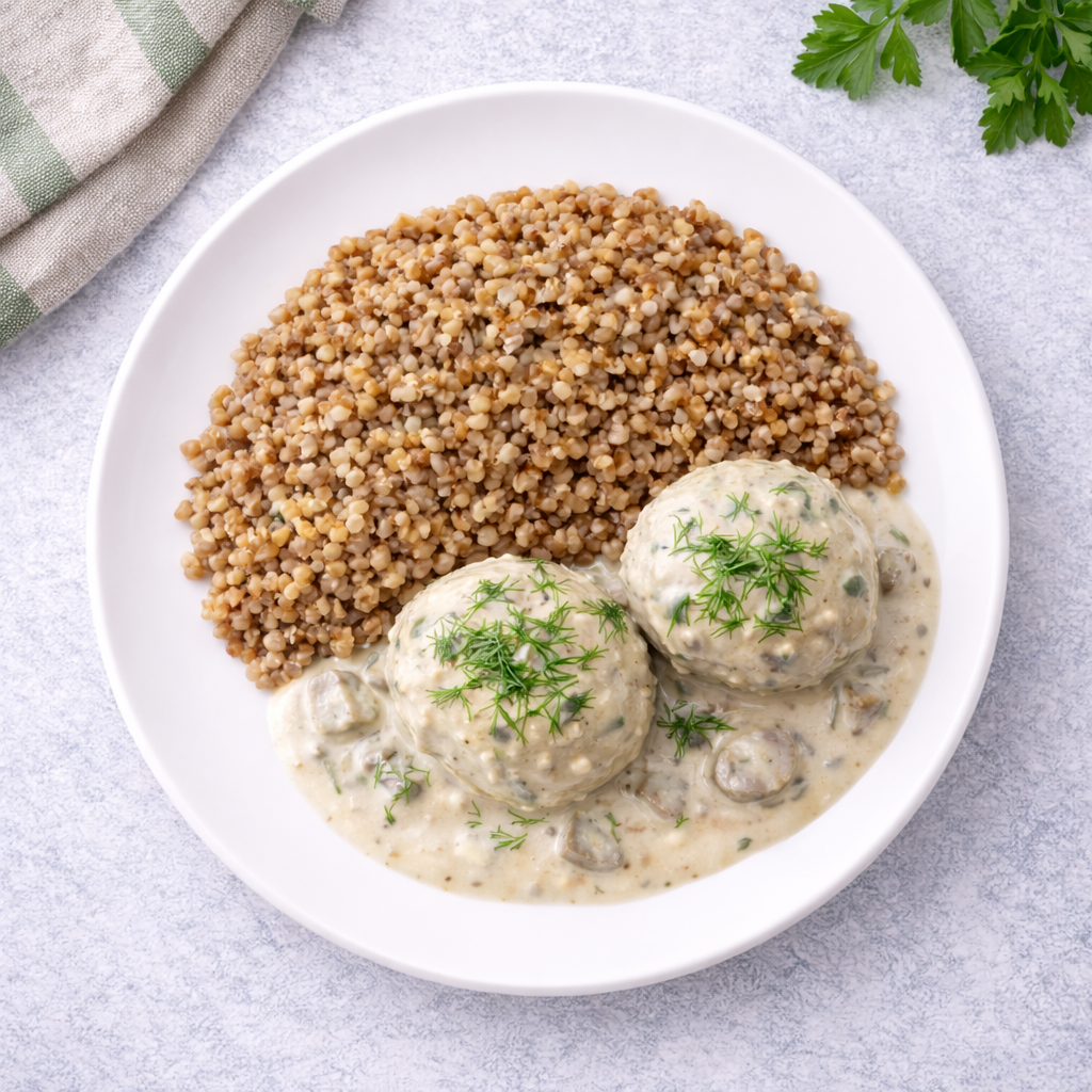 Домашние тефтели с грибным соусом и гречей