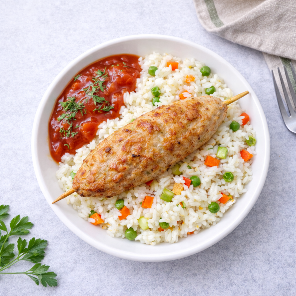 Люля-кебаб с рисом с овощами и томатным соусом