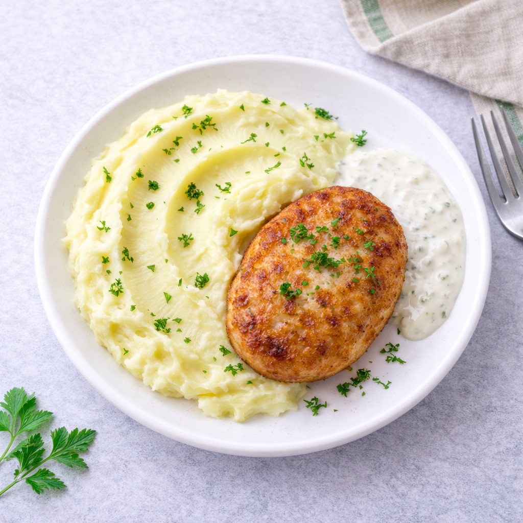Курина котлета с пюре и сливочно-чесночным соусом